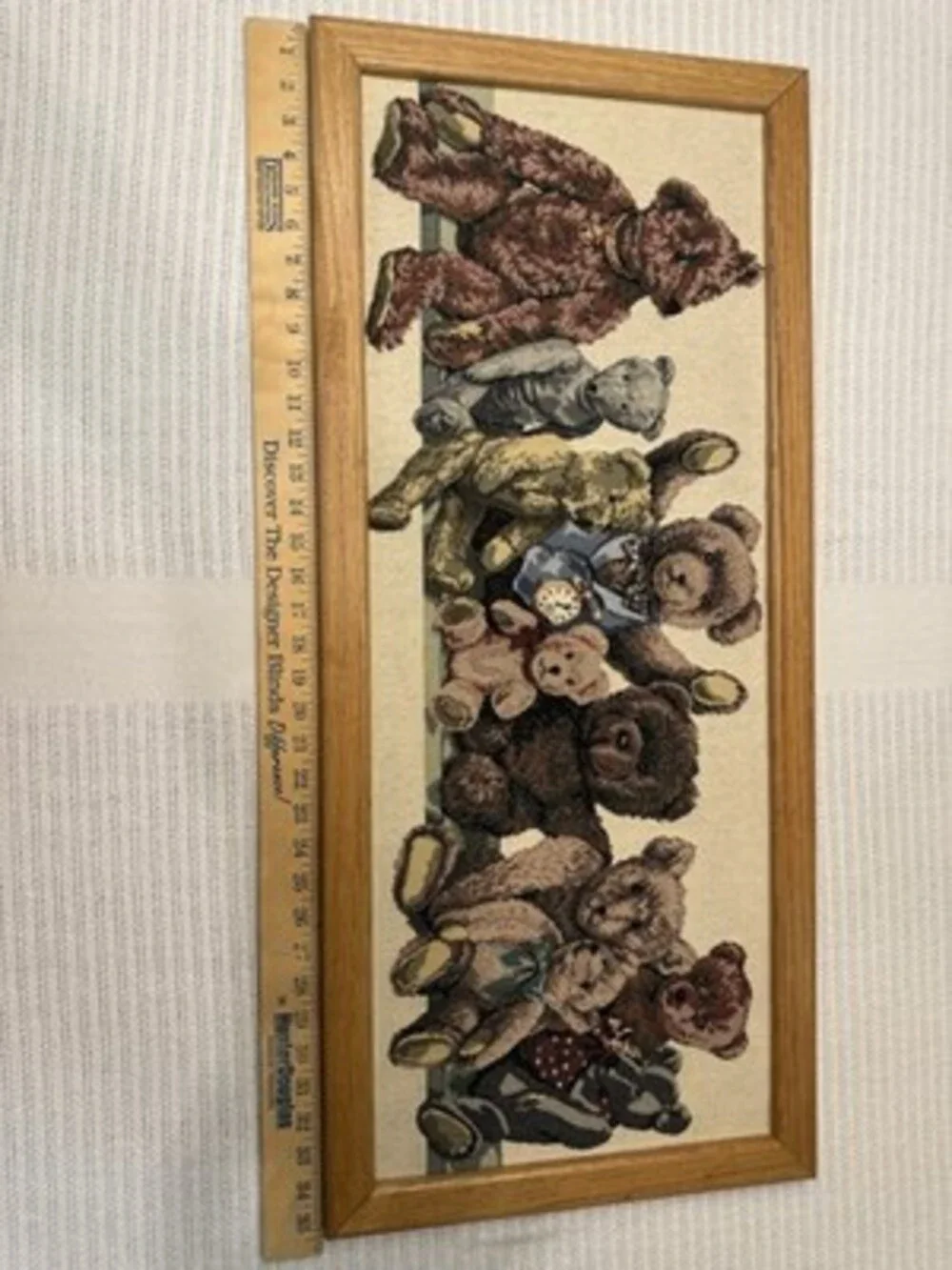 Vintage 90s Dakotah Woven Tapestry Textile Teddy Bears Handmade Oak Frame 36x16